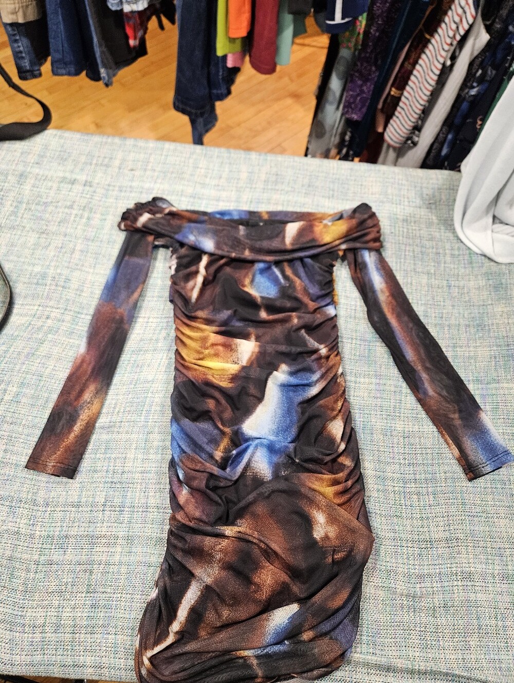 Windsor Always On Trend Mesh Off The Shoulder Ruched Abstract Mini Dress